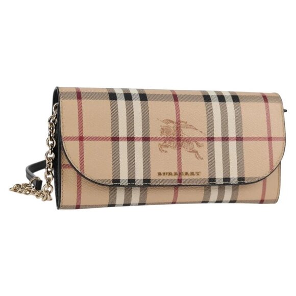BURBERRY Chain Wallet Nova Check Bag PVC Leather Beige Gold Auth BD2081M - Picture 1 of 14